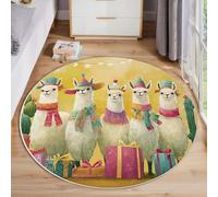 MLSOWM Tapis de Salon Rond Joyeux Festival 80cm Tapis de Sol Rond Coffret Cadeau en Alpaga Poils Courts Antidérapant Anti-Fatigue pour Salle à Manger Descente de Lit ou Chambre Enfant, Jaune