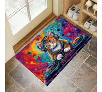 MLSOWM Tapis Intérieur Absorbant, 60 x 120 cm Tapis de Porte Graffiti Pop Art Antidérapant Lavable, Paillasson DJ Cool Cat avec Dos en Caoutchouc pour Porte, Couloir et Cuisine, Bleu Royal