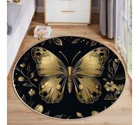 MLSOWM Tapis Poil Ras Rond Bordure Florale Tapis Rond Papillon Doré Doux et antidérapant - Lavable en Machine - pour Salon, Chambre à Coucher, Salle à Manger, 80cm, Or Noir
