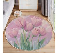 MLSOWM Tapis Rond 100cm Tapis à Poils Courts Tulipes De Rêve Antidérapant Lavable Moquette Descente de Lit Peinture À l'huile Délicate pour Chambre à Coucher, Salle à Manger, Dortoir, Rose