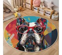 MLSOWM Tapis Rond 160cm Tapis à Poils Courts Bouledogue Français Graffiti Antidérapant Lavable Moquette Descente de Lit Pop Art pour Chambre à Coucher, Salle à Manger, Dortoir, Bleu