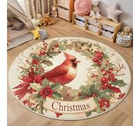 MLSOWM Tapis Rond 80cm pour Salon Couronne De Linottes Et De Gui Tapis à Poils Courts Douce Noël Lavable en Machine, Antidérapant pour Chambre à Coucher, Salle D'étude Et Chambres d'enfants, Crème