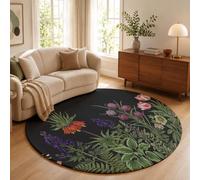 MLSOWM Tapis Rond 80cm Tapis à Poils Courts Fritillaire Tulipe Hirondelle Antidérapant Lavable Moquette Descente de Lit Style Rétro Français pour Chambre à Coucher, Salle à Manger, Dortoir, Noir