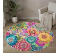 MLSOWM Tapis Rond à Poils Courts 100 cm, Art du Mandala Indien Descente de lit Jardin De Printemps Antidérapant Lavable en Machine Tapis Décoratif Rond pour Salon Chambre Canapé, Multicolore