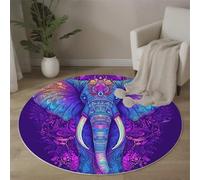 MLSOWM Tapis Rond à Poils Courts 100 cm, Éléphant Psychédélique Descente de lit Art du Mandala Antidérapant Lavable en Machine Tapis Décoratif Rond pour Salon Chambre Canapé, Indigo