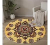 MLSOWM Tapis Rond à Poils Courts 100 cm, Mandala Rétro Descente de lit De Magnifiques Fleurs Antidérapant Lavable en Machine Tapis Décoratif Rond pour Salon Chambre Canapé, Terreux
