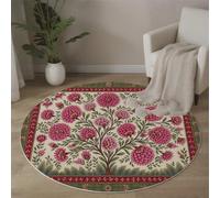 MLSOWM Tapis Rond à Poils Courts 100cm, Fleurs De Campagne Descente de lit Peinture Miniature Indienne Antidérapant Lavable en Machine Tapis Décoratif Rond pour Salon Chambre Canapé, Rougir