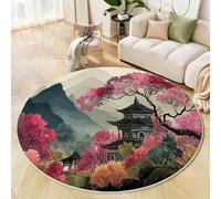 MLSOWM Tapis Rond à Poils Courts 100cm, Fleurs De Cerisier des Montagnes Descente de lit Architecture Chinoise Antidérapant Lavable en Machine Tapis Décoratif Rond pour Salon Chambre Canapé, Rose
