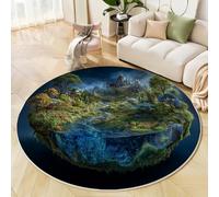 MLSOWM Tapis Rond à Poils Courts 100cm, Forêt Luxuriante Descente de lit Île De La Terre Antidérapant Lavable en Machine Tapis Décoratif Rond pour Salon Chambre Canapé, Bleu Foncé
