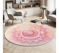 MLSOWM Tapis Rond à Poils Courts 160 cm, Mandala en Ligne Descente de lit Thème De Méditation Antidérapant Lavable en Machine Tapis Décoratif Rond pour Salon Chambre Canapé, Rose