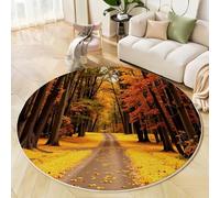 MLSOWM Tapis Rond à Poils Courts 180cm, Sentiers De Terre Descente de lit Forêt d'automne Antidérapant Lavable en Machine Tapis Décoratif Rond pour Salon Chambre Canapé, Jaune Doré