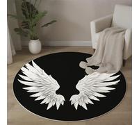 MLSOWM Tapis Rond à Poils Courts 200cm, Plumes Blanches Descente de lit Ailes d'ange Antidérapant Lavable en Machine Tapis Décoratif Rond pour Salon Chambre Canapé, Noir Et Blanc