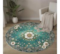 MLSOWM Tapis Rond à Poils Courts 80 cm, Fleurs Indiennes Descente de lit Persan Traditionnel Antidérapant Lavable en Machine Tapis Décoratif Rond pour Salon Chambre Canapé, Vert Émeraude