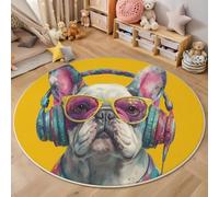 MLSOWM Tapis Rond à Poils Courts Bouledogue Français Descente de Lit Antidérapant Pop Art Tapis de Sol Décoration pour Chambre Salle à Manger Bureau Nursery 160cm, Jaune