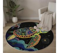 MLSOWM Tapis Rond à Poils Courts Tortue Marine Mystérieuse Et Abstraite Descente de Lit Antidérapant Coutumes Ethniques Tapis de Sol Décoration pour Chambre Salle à Manger Bureau Nursery 100cm, Noir