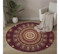 MLSOWM Tapis Rond à Poils Ras Mandala Rétro Antidérapant Lavable Tapis de Sol Art Traditionnel Indien Moquette Décoration pour Salon Chambre Canapé Descente de lit, 160cm, Bordeaux