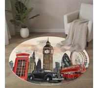 MLSOWM Tapis Rond Art Rétro Tapis à Poil Court Les Rues De Londres Antidérapant, Lavable pour Chambre à Coucher, Salle à Manger, Dortoir, Descente de lit Decoration, 180cm, Brun