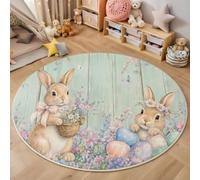 MLSOWM Tapis Rond Bleu Clair 160cm Tapis de Sol à Poils Courts Œuf De Pâques Lapin Doux et Antidérapant Carpette Thème du Printemps 0.6 cm Moquette pour Salon, Chambre d'enfant ou Bureau Décoration