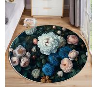 MLSOWM Tapis Rond de Chrysanthèmes Et Roses, Tapis Poil Court Style Rococo avec Bords Cousus, Antidérapant Lavable Carpet Descente de Lit pour Salon Chambre Salle a Manger Décor - 180cm, Bleu-Vert
