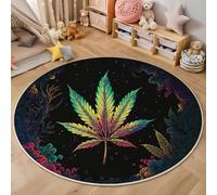 MLSOWM Tapis Rond de Feuilles Cannabis À Lumière Noire, Tapis Poil Court Plantes Psychédéliques, Antidérapant Lavable Carpet Descente de Lit pour Salon Chambre Salle a Manger Décor - 100cm, Vert