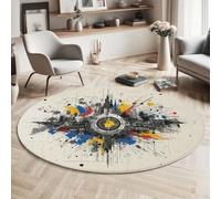 MLSOWM Tapis Rond Éléments De Graffiti Tapis à Poil Court Paysage Urbain Abstrait Antidérapant, Lavable pour Chambre à Coucher, Salle à Manger, Dortoir, Descente de lit Decoration, 120cm, Beige