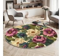 MLSOWM Tapis Rond Fleurs Rétro 100cm Tapis à Poils Courts Fleurs Magnifiques Descente de lit Antidérapant Lavable Carpette Décoratif pour Salon, Chambre à Coucher, Bureau, Salle à Manger, Vert Sauge