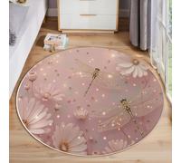 MLSOWM Tapis Rond Fleurs Scintillantes Rêve 100cm Lavable Antidérapant Fleurs Sauvages Libellules Tapis à Poils Courts Facile À Entretenir pour Salon Bureau Chambre Salle à Manger Decoration, Rose