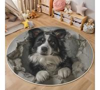 MLSOWM Tapis Rond Gris 100cm Tapis de Sol à Poils Courts Border Collie Doux et Antidérapant Carpette Trou Mural 3D Épaisseur 0.6 cm Moquette pour Salon, Chambre d'enfant ou Bureau Décoration