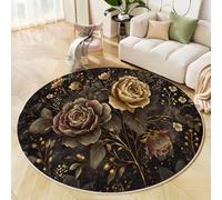 MLSOWM Tapis Rond pour Salon Mélancolie Rétro Florale Moderne Moelleux Tapis à Poils Courts Roses d'or Et d'argent, Dessous antidérapant, Lavable pour Chambre, et Chambre d'enfant, 80cm, Jaune Doré