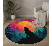 MLSOWM Tapis Rond Rose Rouge 200cm Tapis de Sol à Poils Courts Hurlement Loup Doux et Antidérapant Carpette Silhouette Abstraite Forêt Épaisseur 0.6 cm Moquette pour Salon, Chambre d'enfant ou Bureau