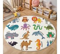 MLSOWM Tapis Rond Salon Éléphants Baleines Kangourous 180cm Tapis de Sol Décoration Vulgarisation Sciences Animales Antidérapant Lavable en Machine pour Salle à Manger, Chambre d’Enfant, Nurserie