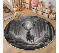 MLSOWM Tapis Rond Salon Forêt Ancienne Descente De Lit à Poils Courts Cerf Mystérieux Tapis de Sol Décoration Antidérapant pour Salon Chambre Terrasse Salle à Manger, 180cm, Gris
