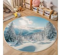 MLSOWM Tapis Rond Salon Montagnes d'hiver, 180cm Tapis de Sol Magnifiques Paysages Naturels Antidérapant Doux avec Bords Cousus pour Chambre Bureau L'intérieur Décorer, Bleu Clair