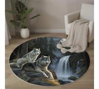 MLSOWM Tapis Rond Salon Naturalisme Descente De Lit à Poils Courts Chutes du Loup Gris Tapis de Sol Décoration Antidérapant pour Salon Chambre Terrasse Salle à Manger, 200cm, Vert Foncé