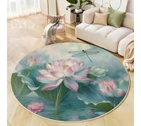 MLSOWM Tapis Rond Salon Peinture À L'Encre Traditionnelle Descente De Lit à Poils Courts Étang Lotus Fleurs Lotus Libellules Tapis de Sol Antidérapant pour Salon Chambre Terrasse 80cm, Vert Clair