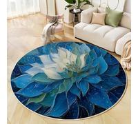 MLSOWM Tapis Rond Salon Peinture À l'huile sur Porcelaine Bleue Blanche Descente De Lit à Poils Courts Pétales Lotus Tapis de Sol Antidérapant pour Salon Chambre Terrasse Salle à Manger, 160cm, Bleu