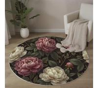 MLSOWM Tapis Rond Salon Pivoines en Pleine Floraison, 180cm Tapis de Sol Fleurs Rétro Antidérapant Doux avec Bords Cousus pour Chambre Bureau L'intérieur Décorer, Vert