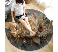 MLSOWM Tapis Rond Salon Rose Papillon, 160cm Tapis de Sol Sculpture De Fleur 3D Antidérapant Doux avec Bords Cousus pour Chambre Bureau L'intérieur Décorer, Couleur Œuf De Canard