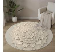 MLSOWM Tapis Rond Thème De Méditation Descente De Lit Mandala Moquette Antidérapant Lavable à Poils Ras pour Chambre à Coucher, Salle a Manger, Salon, Table Basse - 100cm - Gris Clair