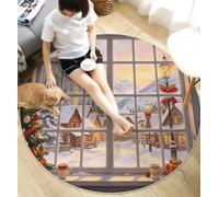 MLSOWM Tapis Rond Vitrine De Noël de Chambre d'enfant Tapis à Poils Courts La Ville De Noël À L'Extérieur De La Fenêtre - Doux- Antidérapant - Facile d'entretien pour Salon, Lit, Coins de Jeu, 180cm
