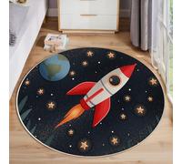 MLSOWM Tapis Ronde Terre Et Ciel Étoilé - Diamètre 180cm Tapis à Poils Courts Fusée Antidérapant Lavable pour Salon, Descente de Lit, Chambre d'enfant, Salle à Manger, Bleu Foncé