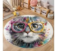 MLSOWM Tapis Salon Rond Animaux À L'Aquarelle 160cm, Tapis à Poils Ras Chat Mignon Moquette Ronds Antidérapant et Lavable en Machine, Moelleux et Doux pour Chambre Descente de Lit, Gris