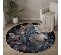 MLSOWM Tapis Salon Rond d'animaux Fleurs 200cm, Tapis à Poils Ras Portrait Loup Coloré Moquette Ronds Antidérapant et Lavable en Machine, Moelleux et Doux pour Chambre Descente de Lit, Bleu-Gris