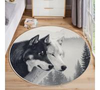 MLSOWM Tapis Salon Rond Forêt Brumeuse 80cm, Tapis à Poils Ras Loup Noir Loup Blanc Moquette Ronds Antidérapant et Lavable en Machine, Moelleux et Doux pour Chambre Descente de Lit, Gris