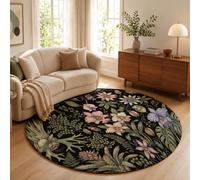 MLSOWM Tapis Salon Rond Forêt Tropicale Rétro 200cm, Tapis à Poils Ras Orchidée Passiflore Moquette Ronds Antidérapant et Lavable en Machine, Moelleux et Doux pour Chambre Descente de Lit, Noir