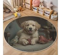 MLSOWM Tapis Salon Rond Portrait d'animal De Compagnie 120cm, Tapis à Poils Ras Chiot Rétro Moquette Ronds Antidérapant et Lavable en Machine, Moelleux et Doux pour Chambre Descente de Lit, Gris-Brun