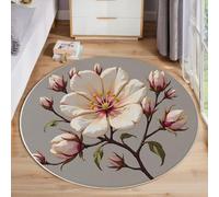 MLSOWM Tapis Salon Rond Style Réaliste 100cm, Tapis à Poils Ras Branches De Magnolia Moquette Ronds Antidérapant et Lavable en Machine, Moelleux et Doux pour Chambre Descente de Lit, Gris-Brun