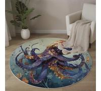 MLSOWM Tapis Salon Rond Vie Marine 200cm, Tapis à Poils Ras Pieuvre Aquarelle Moquette Ronds Antidérapant et Lavable en Machine, Moelleux et Doux pour Chambre Descente de Lit, Bleu-Gris