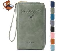 Mlthcig Rowgins RFID Passport Holder for Travel, Multi-Functional RFID Passport Wallet Women Men Anti Theft Leather Pouch Waterproof Purse with Safe Zipper for Credit Cards, Tickets(Vert)