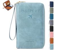 Mlthcig Rowgins RFID Passport Holder for Travel, Multi-Functional RFID Passport Wallet Women Men Anti Theft Leather Pouch Waterproof Purse with Safe Zipper for Credit Cards, Tickets(Light Blue)